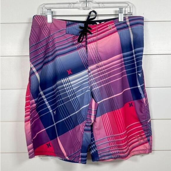 Hurley Men's Phantom Board Shorts Plaid Pink Purple Size 34, EUC - Picture 1 of 10